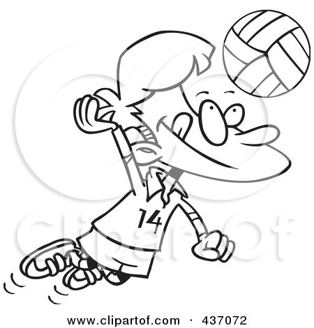 Royalty-Free (RF) Clipart Illustration of a Black And White Outline Design Of A Boy Hitting A Volleyball by toonaday