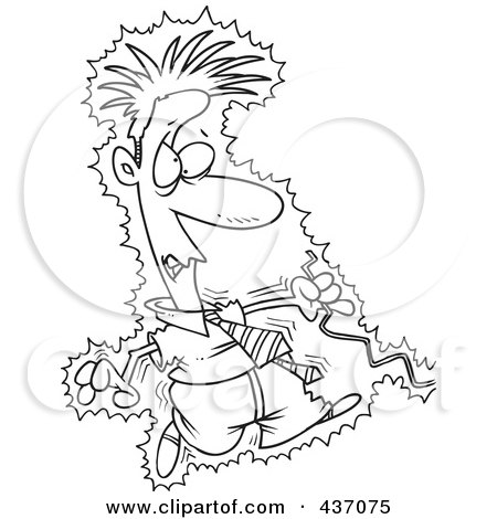 Royalty-Free (RF) Clipart Illustration of a Black And White Outline Design Of A Businessman Being Electrocuted By A Wire by toonaday