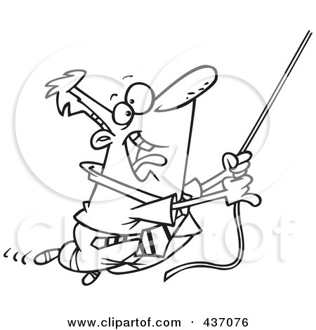 Royalty-Free (RF) Clipart Illustration of a Black And White Outline Design Of A Businessman Swinging From A Rope by toonaday