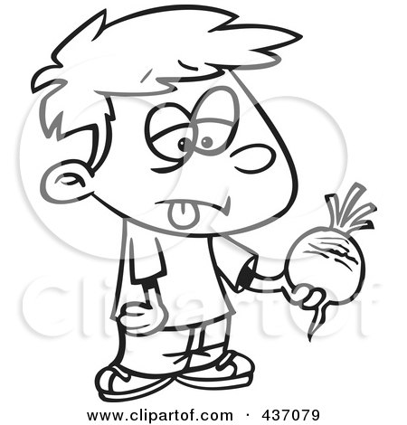 Royalty-Free (RF) Clipart Illustration of a Black And White Outline Design Of A Disgusted boy Holding A Turnip by toonaday