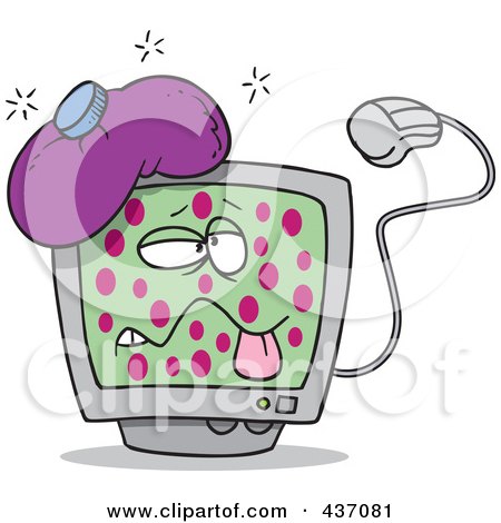 Royalty-Free (RF) Clipart Illustration of a Sick Cartoon Speckled Computer With A Virus by toonaday
