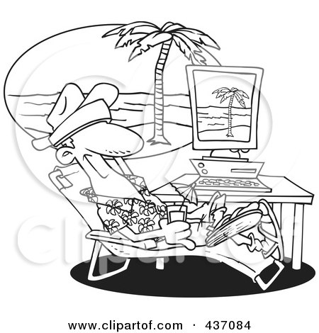 Royalty-Free (RF) Clipart Illustration of a Black And White Outline Design Of A Man Taking A Virtual Vacation In His Office by toonaday
