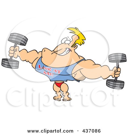 Royalty-Free (RF) Clipart Illustration of a Bodybuilder Wearing A Look At Me Shirt And Lifting Weights by toonaday