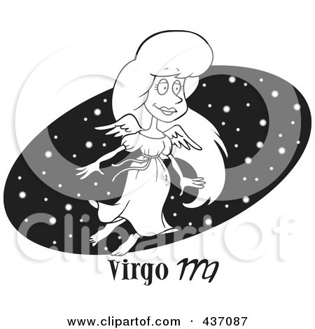 Royalty-Free (RF) Clipart Illustration of a Black And White Outline Design Of A Virgo Woman Over A Black Starry Oval by toonaday