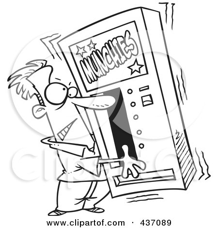 Royalty-Free (RF) Clipart Illustration of a Black And White Outline Design Of A Man Shaking A Munchies Vending Machine by toonaday