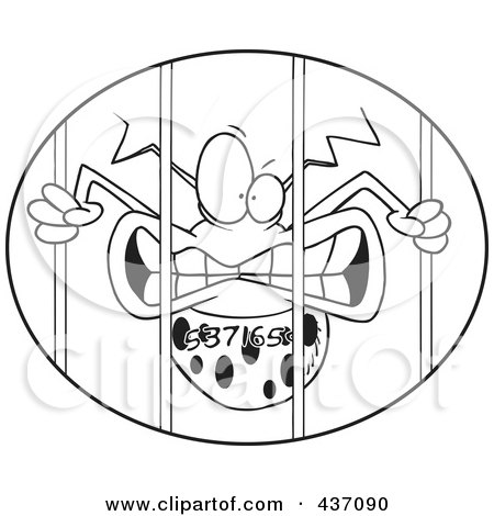 Royalty-Free (RF) Clipart Illustration of a Black And White Outline Design Of A Numbered Virus Behind Bars In An Oval by toonaday