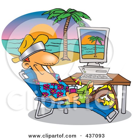 Royalty-Free (RF) Clipart Illustration of a Cartoon Man Taking A Virtual Vacation In His Office by toonaday