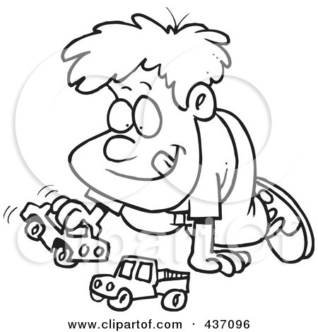Royalty-Free (RF) Clipart Illustration of a Black And White Outline Design Of A Boy Playing With Toy Cars by toonaday