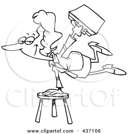 Royalty-Free (RF) Clipart Illustration of a Black And White Outline Design Of A Versatile Businesswoman Balancing On A Stool by toonaday