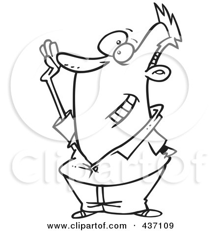 Royalty-Free (RF) Clipart Illustration of a Black And White Outline Design Of A Happy Man Raising His Hand To Volunteer by toonaday