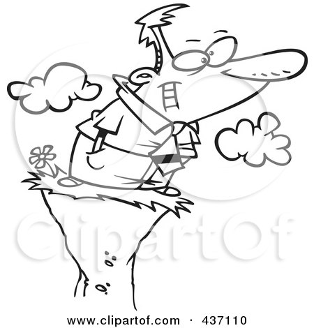 Royalty-Free (RF) Clipart Illustration of a Black And White Outline Design Of A Businessman Enjoying A View On A High Cliff by toonaday