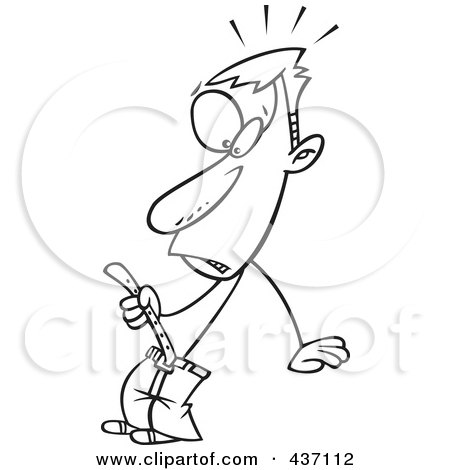 Royalty-Free (RF) Clipart Illustration of a Black And White Outline Design Of A Super Skinny Man Tightening A Belt by toonaday