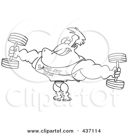 Royalty-Free (RF) Clipart Illustration of a Black And White Outline Design Of A Bodybuilder Wearing A Look At Me Shirt And Lifting Weights by toonaday