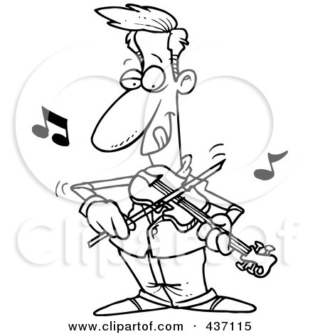 Royalty-Free (RF) Clipart Illustration of a Black And White Outline Design Of A Man Standing And Playing A Violin by toonaday