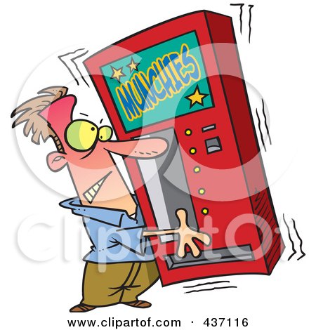 Royalty-Free (RF) Clipart Illustration of a Cartoon Man Shaking A Munchies Vending Machine by toonaday
