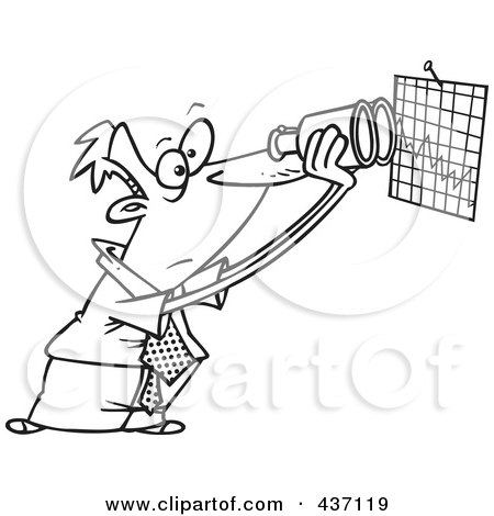 Royalty-Free (RF) Clipart Illustration of a Black And White Outline Design Of A Businessman Viewing A Chart With Binoculars by toonaday