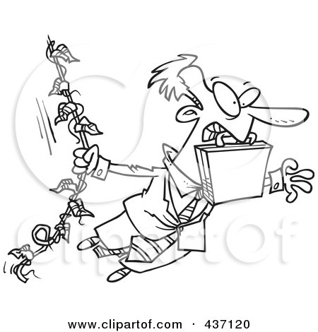 Royalty-Free (RF) Clipart Illustration of a Black And White Outline Design Of A Businessman Swinging From A Vine Like Tarzan by toonaday
