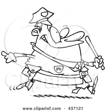 Royalty-Free (RF) Clipart Illustration of a Black And White Outline Design Of A Chubby Running Cop by toonaday