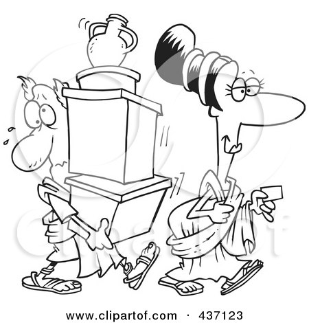 Royalty-Free (RF) Clipart Illustration of a Black And White Outline Design Of A Woman With A Credit Card, Followed By Her Assistant Carrying Her Boxes by toonaday