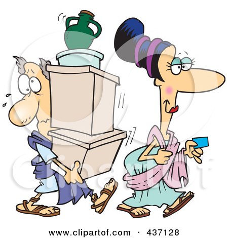 Royalty-Free (RF) Clipart Illustration of a Cartoon Woman With A Credit Card, Followed By Her Assistant Carrying Her Boxes by toonaday