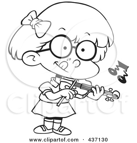 Royalty-Free (RF) Clipart Illustration of a Black And White Outline Design Of A Little Girl Standing And Playing A Violin by toonaday