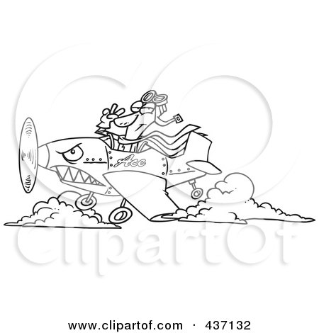 Royalty-Free (RF) Clipart Illustration of a Black And White Outline Design Of A Pilot Flying An Ace Plane by toonaday