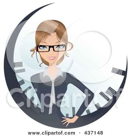 Royalty-Free (RF) Clipart Illustration of a Professional Dirty Blond Businesswoman In A Circle Of Skyscrapers by Melisende Vector