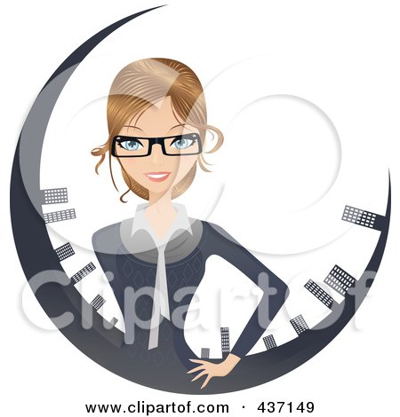 Royalty-Free (RF) Clipart Illustration of a Dirty Blond Corporate Businesswoman In A Circle Of Skyscrapers by Melisende Vector