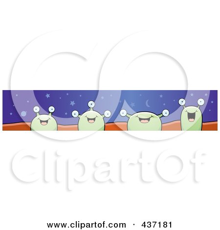 Royalty-Free (RF) Clipart Illustration of a Website Banner Of Four Happy Green Aliens by Cory Thoman