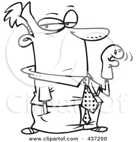 Royalty-Free (RF) Clipart Illustration of a Black And White Outline Design Of A Businessman Using A Puppet by toonaday