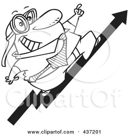 Royalty-Free (RF) Clipart Illustration of a Black And White Outline Design Of A Businessman Wearing Goggles And Standing On An Upward Arrow by toonaday