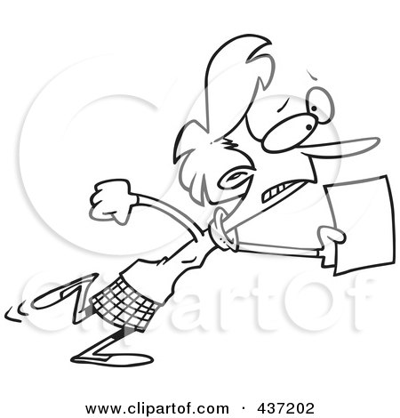 Royalty-Free (RF) Clipart Illustration of a Black And White Outline Design Of A Woman Running With An Urgent Memo by toonaday