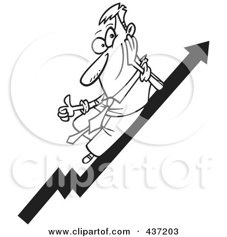 Royalty-Free (RF) Clipart Illustration of a Black And White Outline Design Of A Businessman Holding A Thumb Up On A Growth Arrow by toonaday