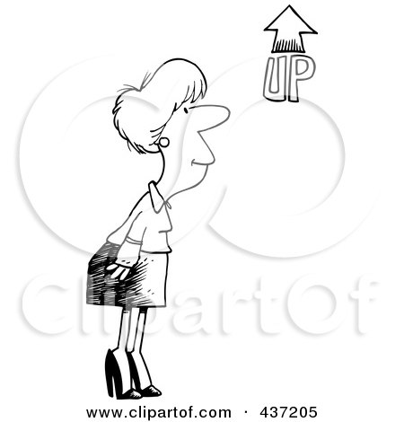 Royalty-Free (RF) Clipart Illustration of a Black And White Outline Design Of A Businesswoman Looking At An Up Arrow by toonaday