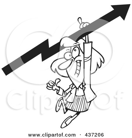 Royalty-Free (RF) Clipart Illustration of a Black And White Outline Design Of A Businesswoman Holding A Thumb Up And Hanging From An Upward Arrow by toonaday