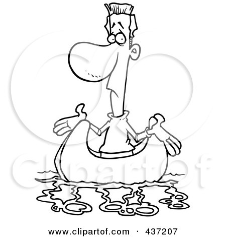 Royalty-Free (RF) Clipart Illustration of a Black And White Outline Design Of A Man Shrugging In A Boat, Up A Creek And Without A Paddle by toonaday