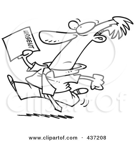 Royalty-Free (RF) Clipart Illustration of a Black And White Outline Design Of A Businessman Running To Deliver An Urgent Memo by toonaday