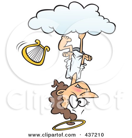 Royalty-Free (RF) Clipart Illustration of a Mad Cartoon Angel Upside Down On A Cloud by toonaday