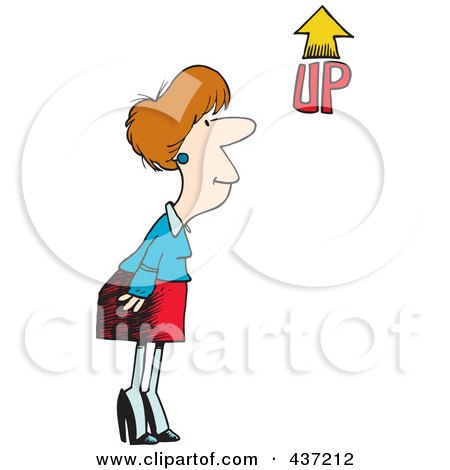 Royalty-Free (RF) Clipart Illustration of a Cartoon Businesswoman Looking At An Up Arrow by toonaday