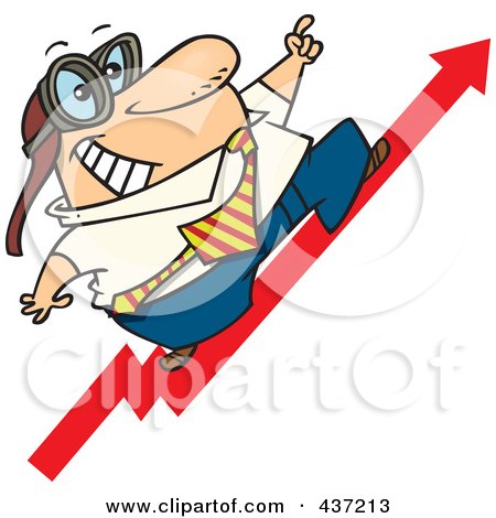 Royalty-Free (RF) Clipart Illustration of a Cartoon Businessman Wearing Goggles And Standing On An Upward Arrow by toonaday
