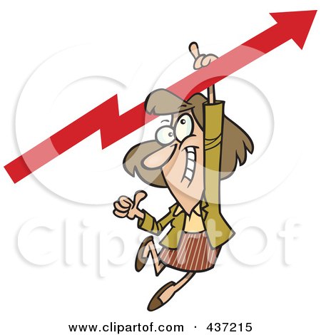 Royalty-Free (RF) Clipart Illustration of a Cartoon Businesswoman Holding A Thumb Up And Hanging From An Upward Arrow by toonaday