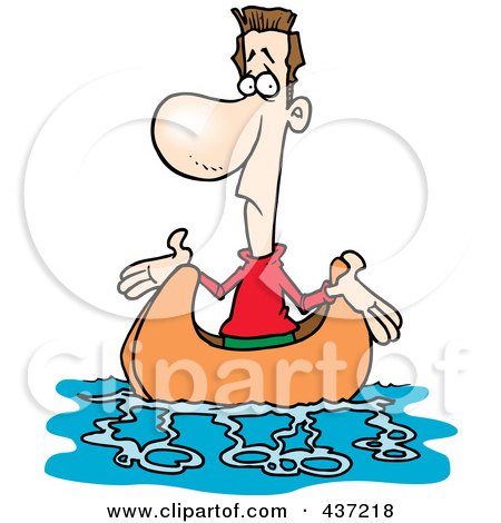 Royalty-Free (RF) Clipart Illustration of a Cartoon Man Shrugging In A Boat, Up A Creek And Without A Paddle by toonaday