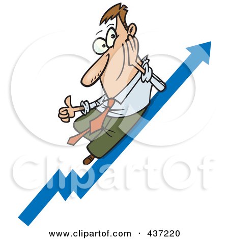 Royalty-Free (RF) Clipart Illustration of a Cartoon Businessman Holding A Thum Up On A Growth Arrow by toonaday