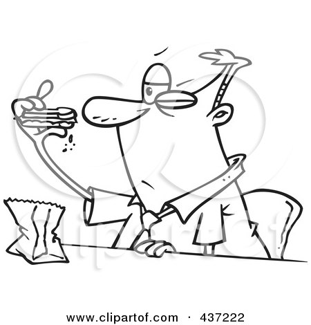 Royalty-Free (RF) Clipart Illustration of a Black And White Outline Design Of A Businessman Eating A Boring Sandwich by toonaday