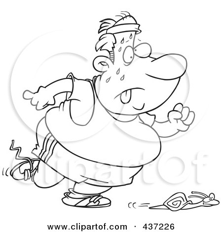 Royalty-Free (RF) Clipart Illustration of a Black And White Outline Design Of A Snail Winning A Race Against An Unfit Man by toonaday