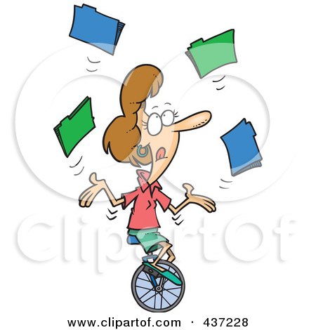 Royalty-Free (RF) Clipart Illustration of a Cartoon Businesswoman Juggling File Folders On A Unicycle by toonaday