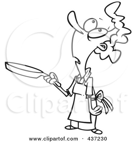 Royalty-Free (RF) Clipart Illustration of a Black And White Outline Design Of A Woman Looking Up And Holding A Pan by toonaday