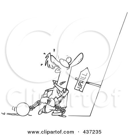 Royalty-Free (RF) Clipart Illustration of a Black And White Outline Design Of A Man Ready To Drag His Ball And Chains Uphill by toonaday