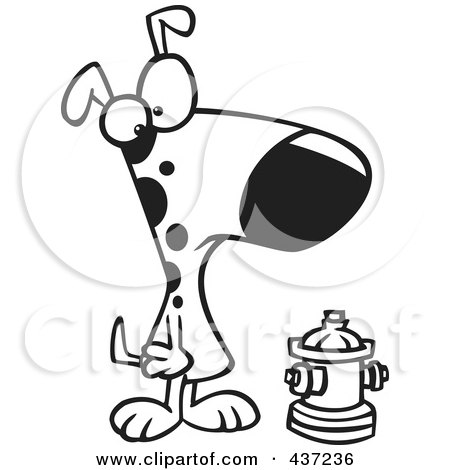 Royalty-Free (RF) Clipart Illustration of a Black And White Outline Design Of A Dog Looking At A Small Fire Hydrant by toonaday