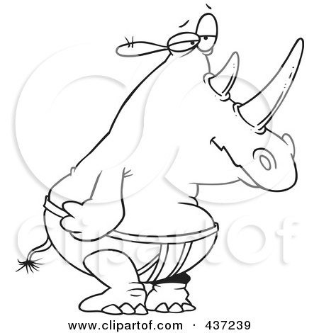 Royalty-Free (RF) Clipart Illustration of a Black And White Outline Design Of A Rhino In Underwear by toonaday